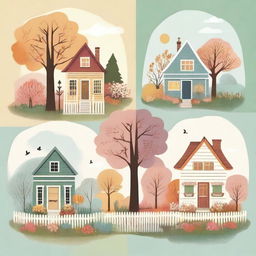 A whimsical illustration of a house through different seasons, showing its transformation over time