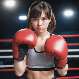 A determined girl in manga style, wearing boxing gloves and gear, poised and ready to fight in a boxing ring.