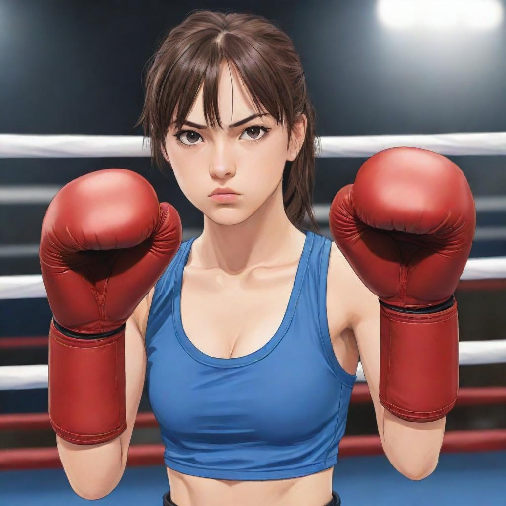 A determined girl in manga style, wearing boxing gloves and gear, poised and ready to fight in a boxing ring.