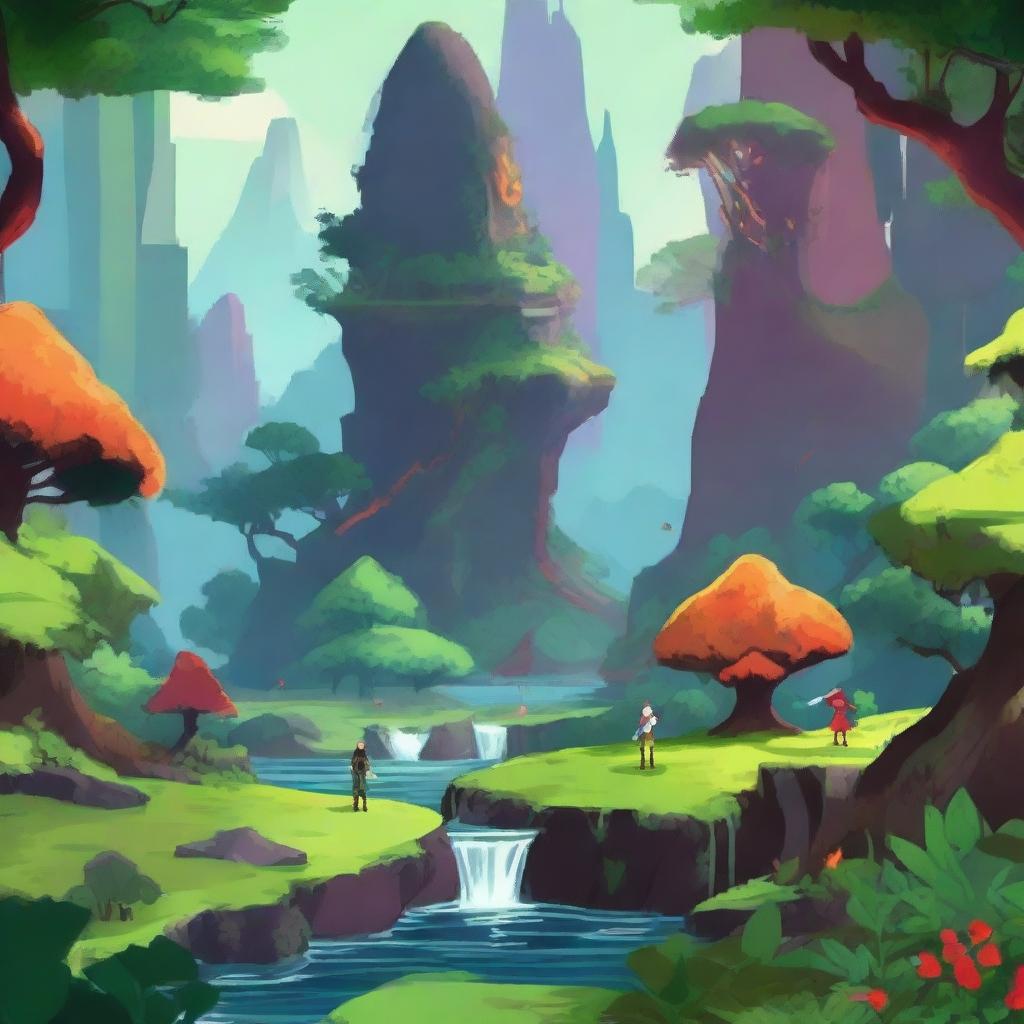 A vibrant and imaginative scene featuring two distinct worlds in a game setting