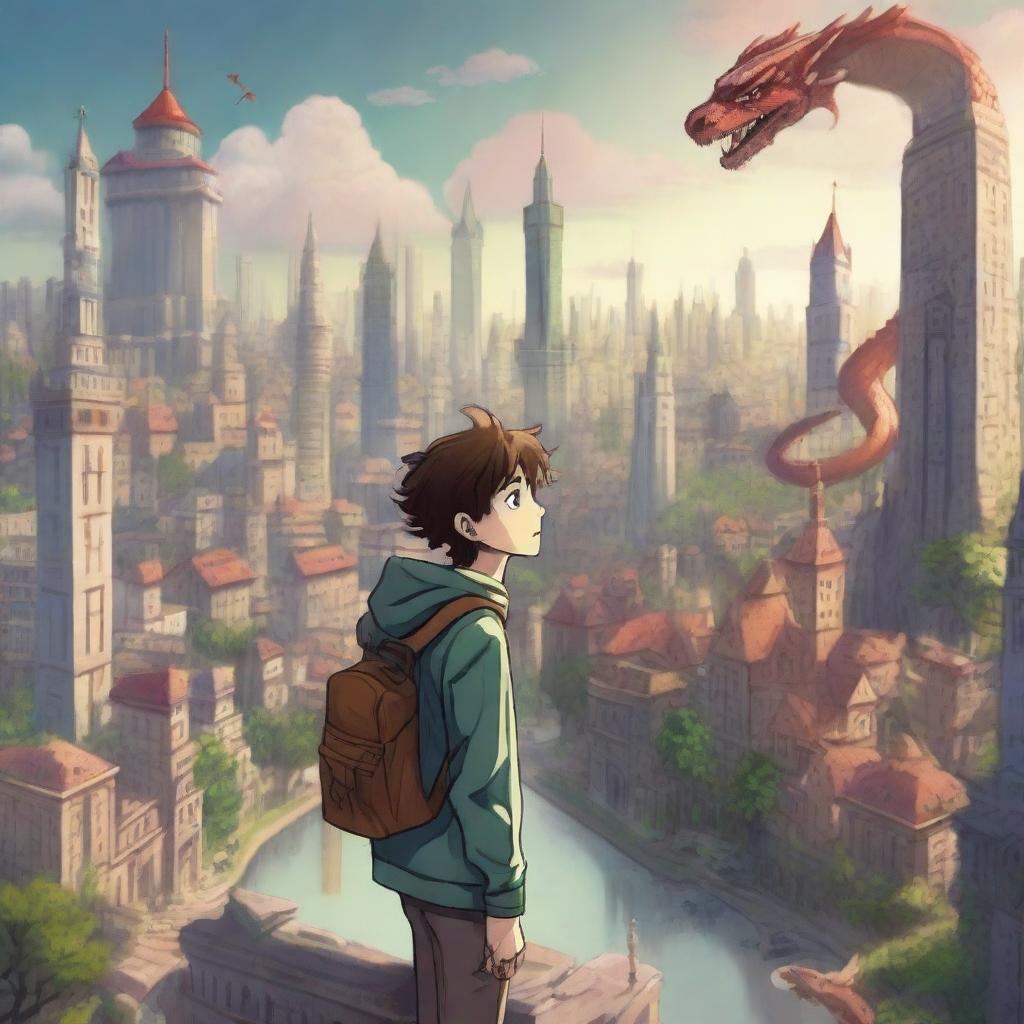 A teenage boy living in two worlds, one side of the image shows a modern city with skyscrapers and bustling streets, while the other side depicts a mystical fantasy land with dragons, castles, and enchanted forests