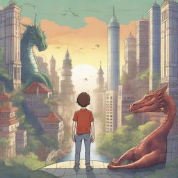 A teenage boy living in two worlds, one side of the image shows a modern city with skyscrapers and bustling streets, while the other side depicts a mystical fantasy land with dragons, castles, and enchanted forests