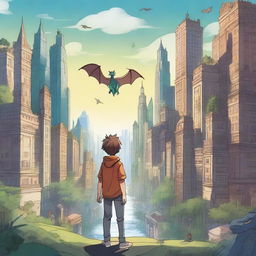 A teenage boy living in two worlds, one side of the image shows a modern city with skyscrapers and bustling streets, while the other side depicts a mystical fantasy land with dragons, castles, and enchanted forests