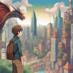 A teenage boy living in two worlds, one side of the image shows a modern city with skyscrapers and bustling streets, while the other side depicts a mystical fantasy land with dragons, castles, and enchanted forests