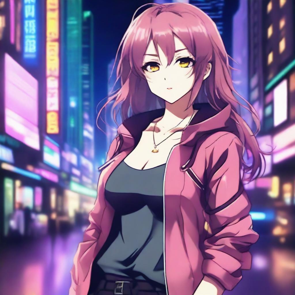 A beautiful anime girl with a captivating gaze, wearing a stylish outfit that accentuates her figure