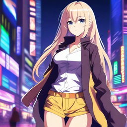 A beautiful anime girl with a captivating gaze, wearing a stylish outfit that accentuates her figure