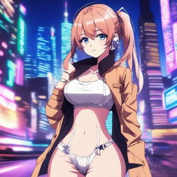 A beautiful anime girl with a captivating gaze, wearing a stylish outfit that accentuates her figure