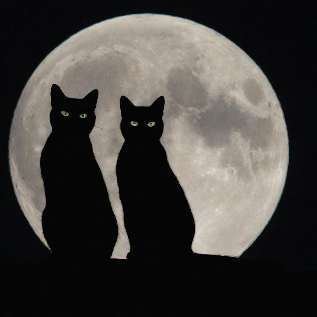 A serene image of a white cat and a black cat, gracefully sitting together, silhouetted against the backdrop of a luminous full moon.