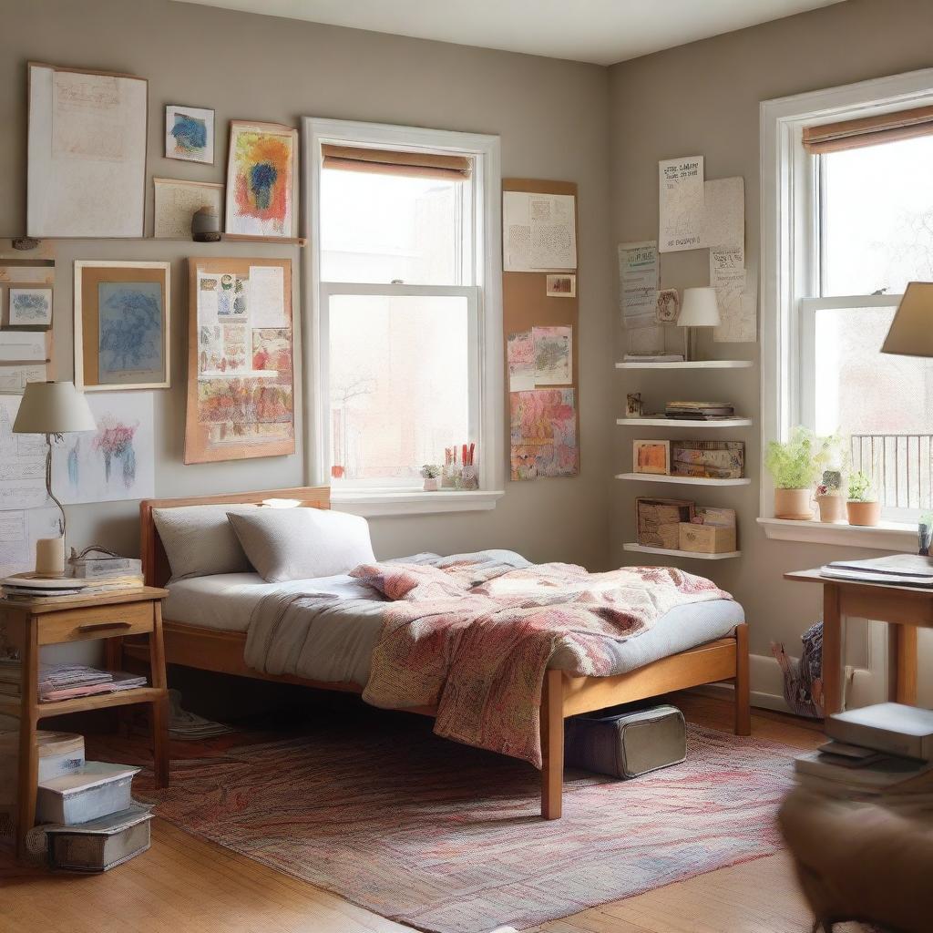 A cozy student's room filled with elements that represent an artist