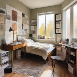 A cozy student's room filled with elements that represent an artist