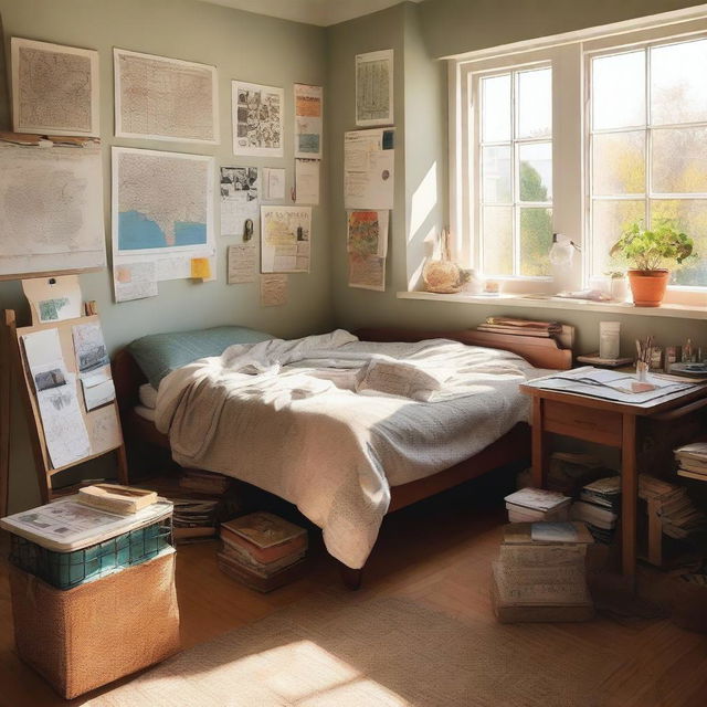 A cozy student's room filled with elements that represent an artist