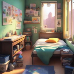 A cozy student's room filled with elements that represent an artist, rendered in a 3D Pixar style