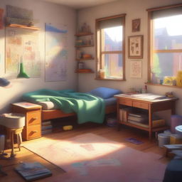 A cozy student's room filled with elements that represent an artist, rendered in a 3D Pixar style