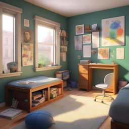 A cozy student's room filled with elements that represent an artist, rendered in a 3D Pixar style