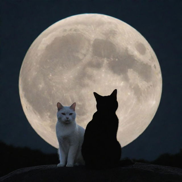 A serene image of a white cat and a black cat, gracefully sitting together, silhouetted against the backdrop of a luminous full moon.