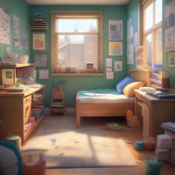 A cozy student's room filled with elements that represent an artist, rendered in a 3D Pixar style