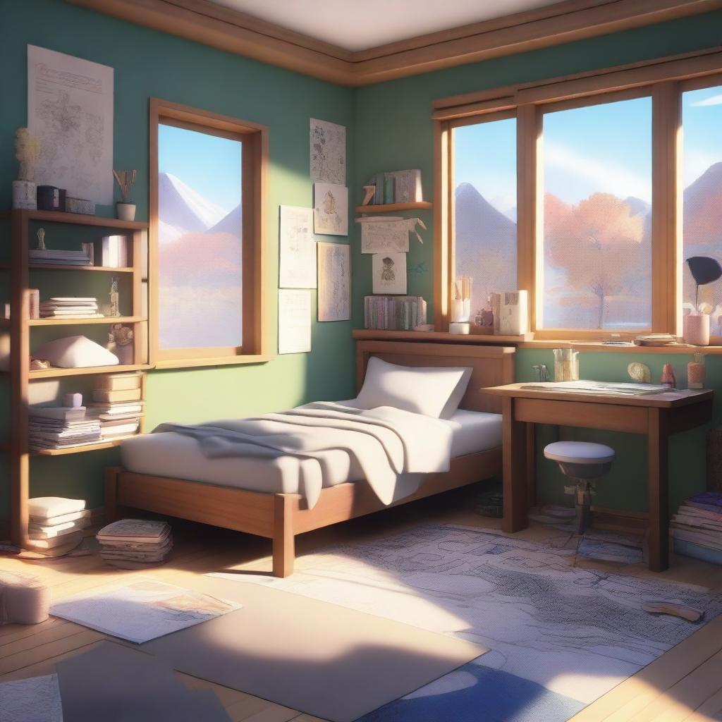 A cozy student's room filled with elements that represent an artist, rendered in a 3D Genshin Impact style