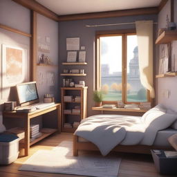 A cozy student's room filled with elements that represent an artist, rendered in a 3D Genshin Impact style