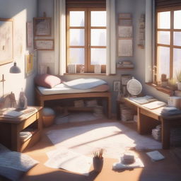 A cozy student's room filled with elements that represent an artist, rendered in a 3D Genshin Impact style