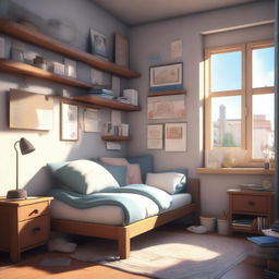 A cozy student's room filled with elements that represent an artist, rendered in a 3D Genshin Impact style