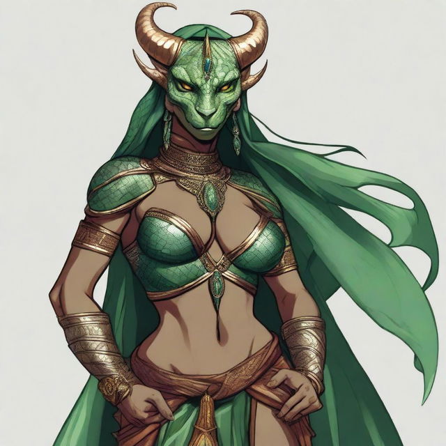 A detailed and sensual illustration of a female Dragonborn character from Dungeons & Dragons