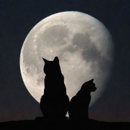 A serene image of a white cat and a black cat, gracefully sitting together, silhouetted against the backdrop of a luminous full moon.