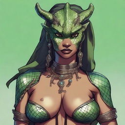 A detailed and sensual illustration of a female Dragonborn character from Dungeons & Dragons