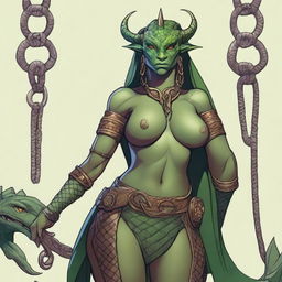 A detailed and sensual illustration of a female Dragonborn character from Dungeons & Dragons