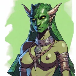 A detailed and sensual illustration of a female Dragonborn character from Dungeons & Dragons