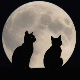 A serene image of a white cat and a black cat, gracefully sitting together, silhouetted against the backdrop of a luminous full moon.