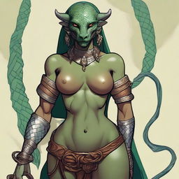 A detailed and sensual illustration of a female Dragonborn character from Dungeons & Dragons