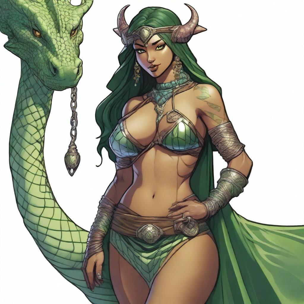 A detailed and sensual illustration of a female Dragonborn character from Dungeons & Dragons