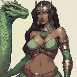 A detailed and sensual illustration of a female Dragonborn character from Dungeons & Dragons