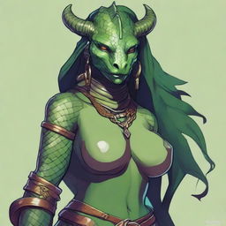 A detailed and sensual illustration of a female Dragonborn character from Dungeons & Dragons