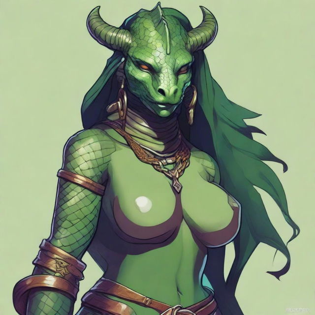 A detailed and sensual illustration of a female Dragonborn character from Dungeons & Dragons