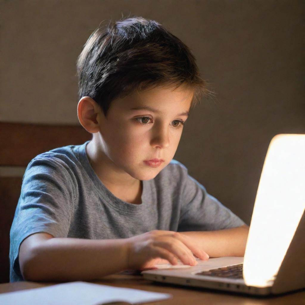 A focused young boy sitting with an open book and a laptop before him. The light from the laptop screen illuminates his face.