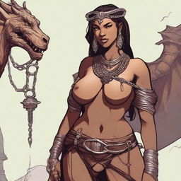 A detailed and sensual illustration of a female Dragonborn character from Dungeons & Dragons