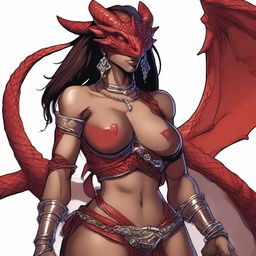 A detailed and sensual illustration of a female Dragonborn character from Dungeons & Dragons