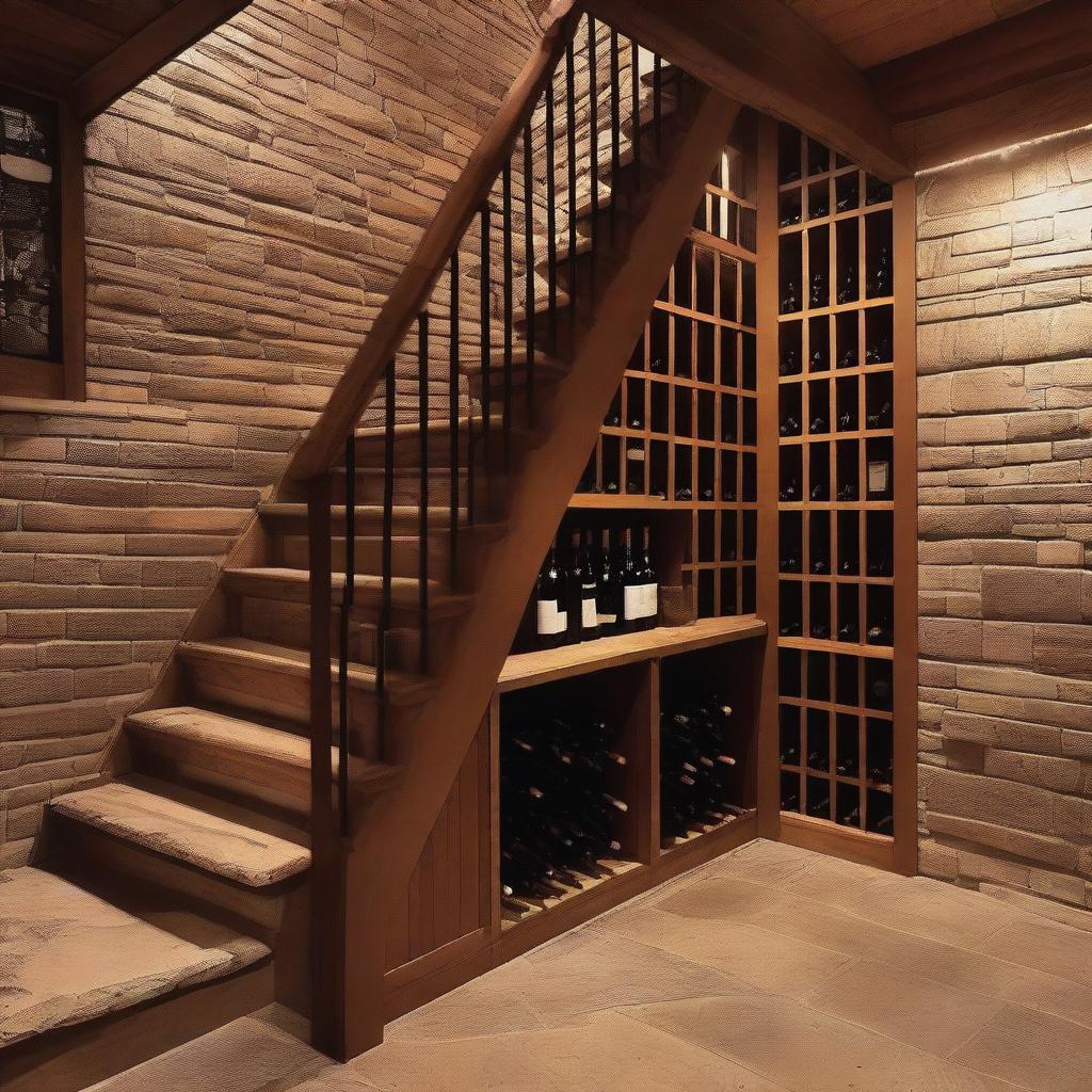 A cozy wine cellar located underneath a staircase