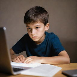 A focused young boy sitting with an open book and a laptop before him. The light from the laptop screen illuminates his face.