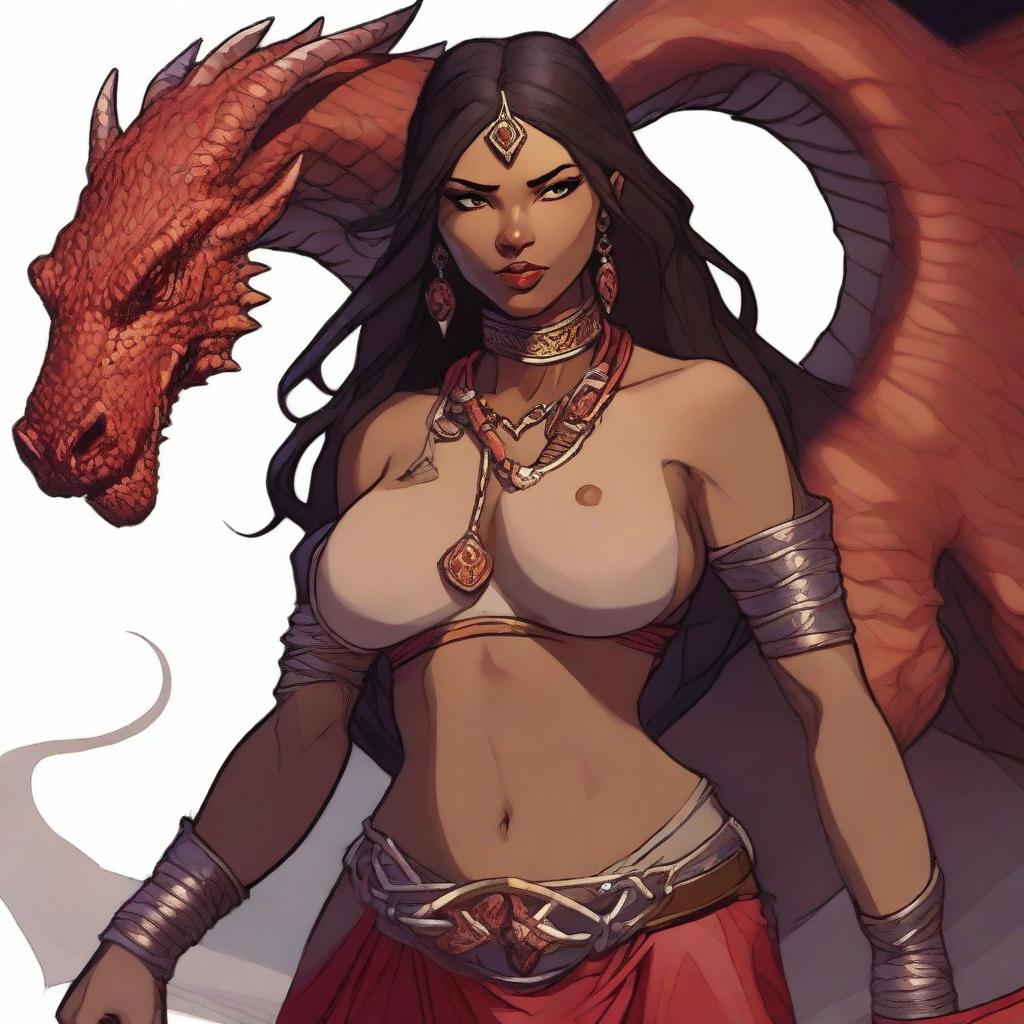 A detailed and sensual illustration of a female Dragonborn character from Dungeons & Dragons