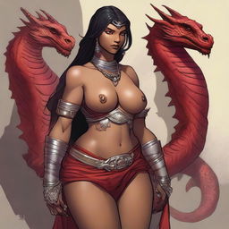 A detailed and sensual illustration of a female Dragonborn character from Dungeons & Dragons