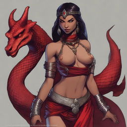 A detailed and sensual illustration of a female Dragonborn character from Dungeons & Dragons