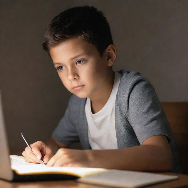 A focused young boy sitting with an open book and a laptop before him. The light from the laptop screen illuminates his face.