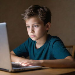 A focused young boy sitting with an open book and a laptop before him. The light from the laptop screen illuminates his face.