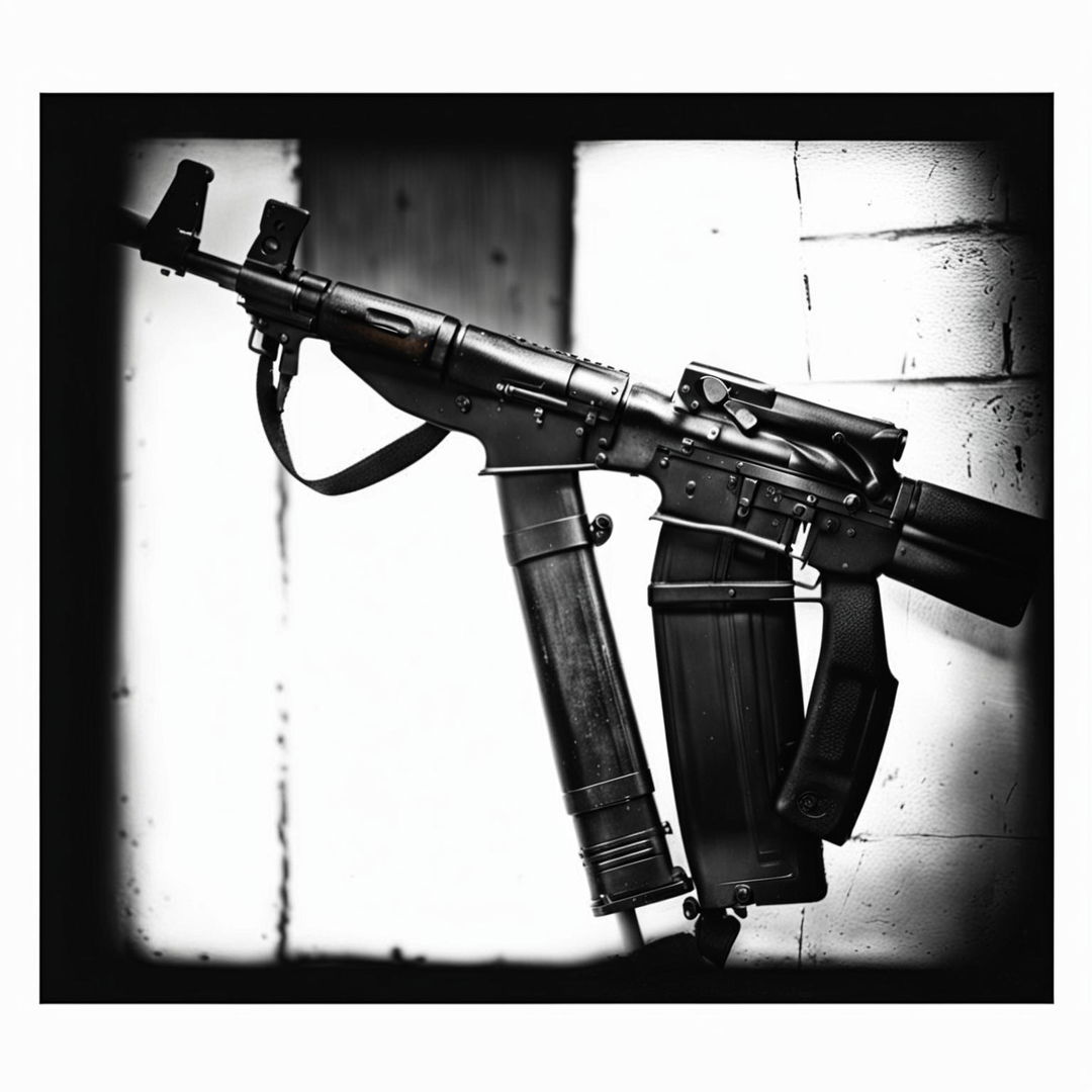 A grainy black and white photograph of an AK47 automatic rifle, highlighting its distinct features with a vintage feel.