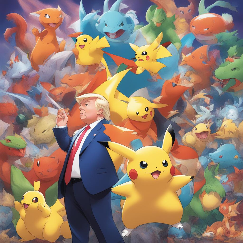 Donald Trump as a Pokemon trainer, surrounded by popular Pokemon like Pikachu, Charizard, Bulbasaur, and Squirtle, in a vibrant and colorful Pokemon world