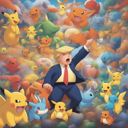 Donald Trump as a Pokemon trainer, surrounded by popular Pokemon like Pikachu, Charizard, Bulbasaur, and Squirtle, in a vibrant and colorful Pokemon world