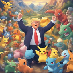 Donald Trump as a Pokemon trainer, surrounded by popular Pokemon like Pikachu, Charizard, Bulbasaur, and Squirtle, in a vibrant and colorful Pokemon world