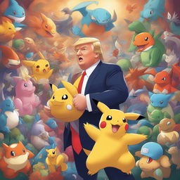 Donald Trump as a Pokemon trainer, surrounded by popular Pokemon like Pikachu, Charizard, Bulbasaur, and Squirtle, in a vibrant and colorful Pokemon world